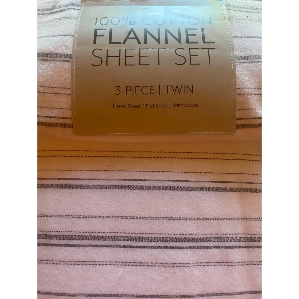 Twin Flannel Sheet Set 100% Cotton 3-Piece Grey Striped White New